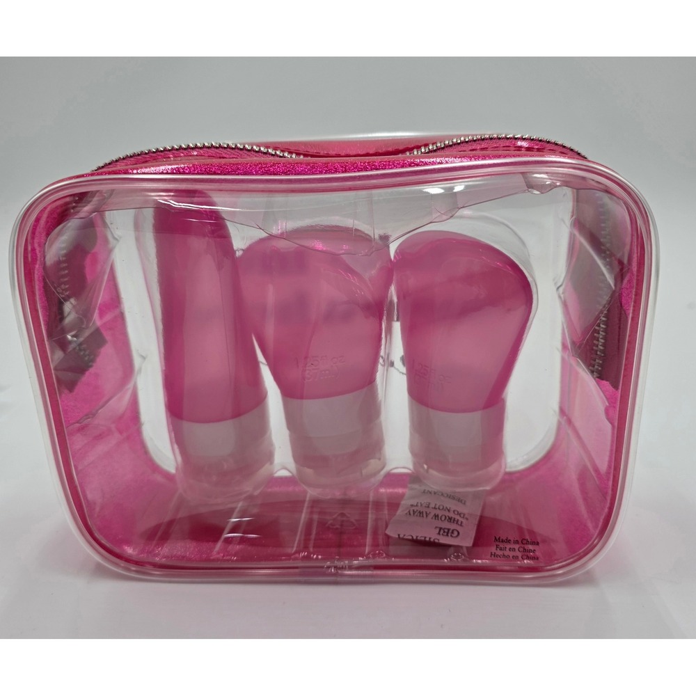 Avon Be Inspired Travel Set Pink Glitter Cosmetic Bag 3 Silicone Bottles New
